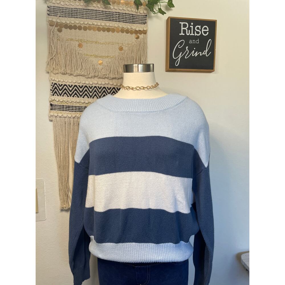 Lucky Brand Womans Light Blue Striped Knit Sweater